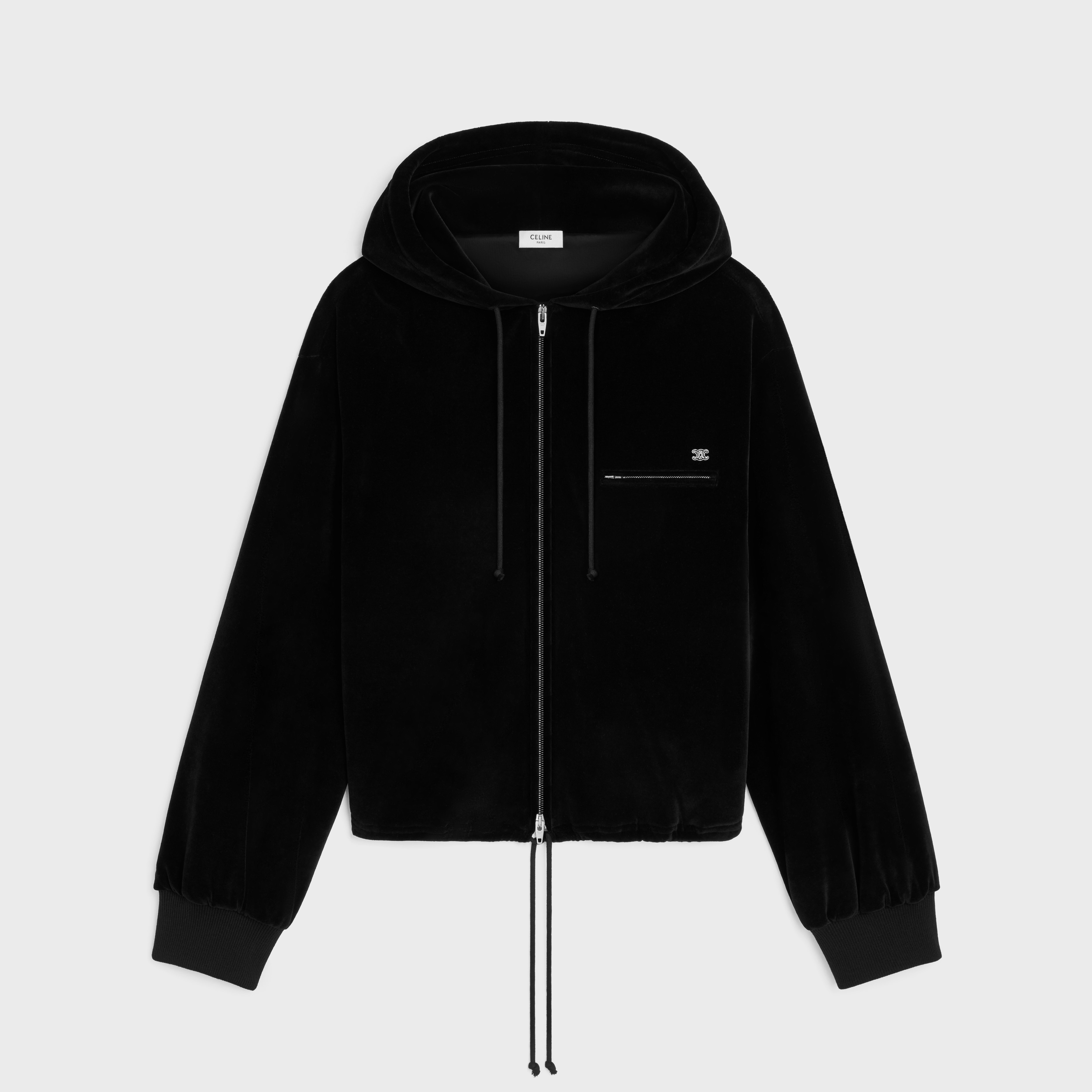 ZIPPED HOODIE IN VELVET JERSEY - BLACK / WHITE | CELINE